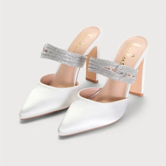 Lulu’s Celines White Satin Rhinestone Pointed-Toe Mule Pumps. Sz: 7 - Picture 7 of 15